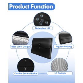 Expanding File Folder with Tabs, 13 Pockets File Organizer Accordion File Holder ，with Elastic Buckles Closure, A4 Paper Document Organizer for Home School Office