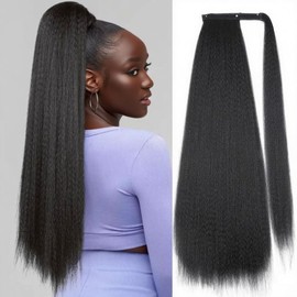 Yaki Straight Ponytail Extension, Wrap Around Ponytail Extension for Black Women, Yaki Human Hair Extension, Natural Black (Ponytail with hairband, 24 inch)