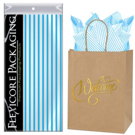 Flexicore Packaging Natural Brown Kraft Paper Welcome Bags & Turquoise Gift Wrap Tissue Paper | Size: 8 Inch X 4.75 Inch X 10.5 Inch | Count: 50 Bags | Color: Turquoise Pin Stripe