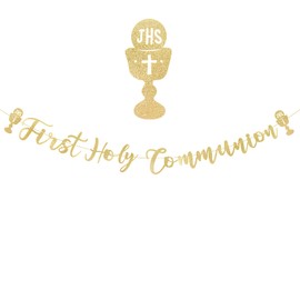 Frist Holy Communion Paper Banner Garland Glitter Letter Backdrop Golden 1st Holy Communion DIY Party Sign for Boys Girls Kids Communion Party Decoration Supply