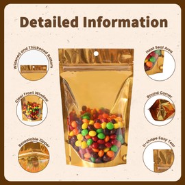 150 Pack Resealable Mylar Bags with Window for Food Storage,Stand Up Smell Proof Bags,Pouch Food Packaging Heat Seal Bags for Candy,Jewelry, Foil, Bulk (Gold, 5.12x8.07 inch)