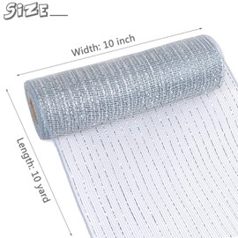 MIKIMIQI 2 Pack Deco Mesh 10 Inch x 30 Feet Decor Mesh Ribbon with Metallic Foil Deco Mesh Wreath Supplies Ribbon Mesh Roll for Spring Wreaths Craft Party, Not Wired (Silver Black)