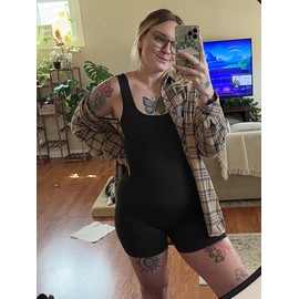 AIBIANOCEL Women's Maternity Bodysuit Pregnancy Shapewear Sleeveless Tank Top Shorts Ribbed Romper Jumpsuit(Black,Medium)