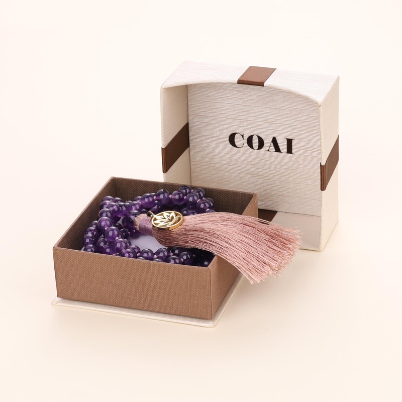 COAI 108 Mala Necklace Gemstone Hand Knotted Tassel, amethyst, Amethyst