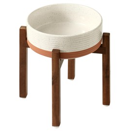 Havniva Ceramic 8.2inch Raised Dog Bowl Set, Elevated with Acacia Wood Stand, Food and Water Bowl for Large Breed Dogs, Weighted Pet Dishes(60oz, Vanilla White)