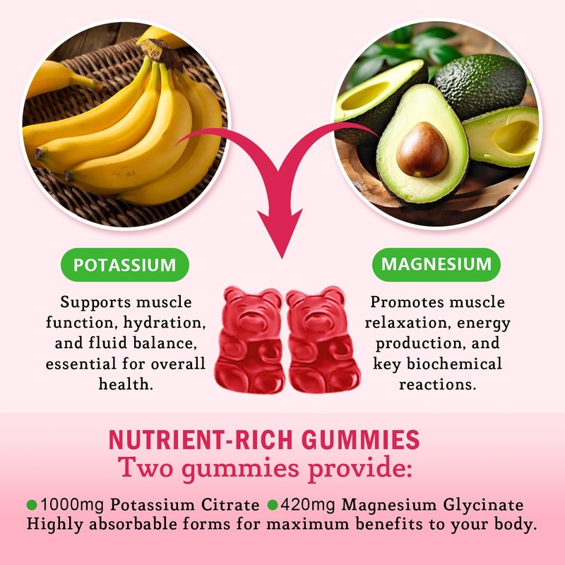 2 Pack Potassium Magnesium Gummies, High Absorption Magnesium Potassium Supplement