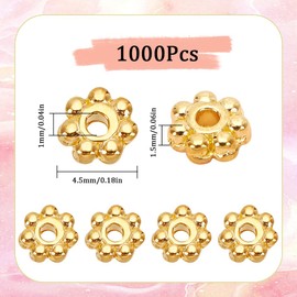SOFPLATE 1 Box 1000Pcs 4.5mm Daisy Spacer Metal Beads Gold Flower Alloy Bead Bulk Tibetan Flat Round Mini Small Snowflake Spacer Charms for Bracelets DIY Christmas Necklace jewellery Making Supplies