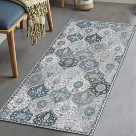 Lahome Moroccan Trellis Small Area Rug - 2x4 Entryway Rug Non-Slip Vintage Small Rug Ultra-Thin Washable Indoor Door Mat Distressed Throw Rug Carpet for Bathroom Kitchen Bedroom(2x4ft,Blue)