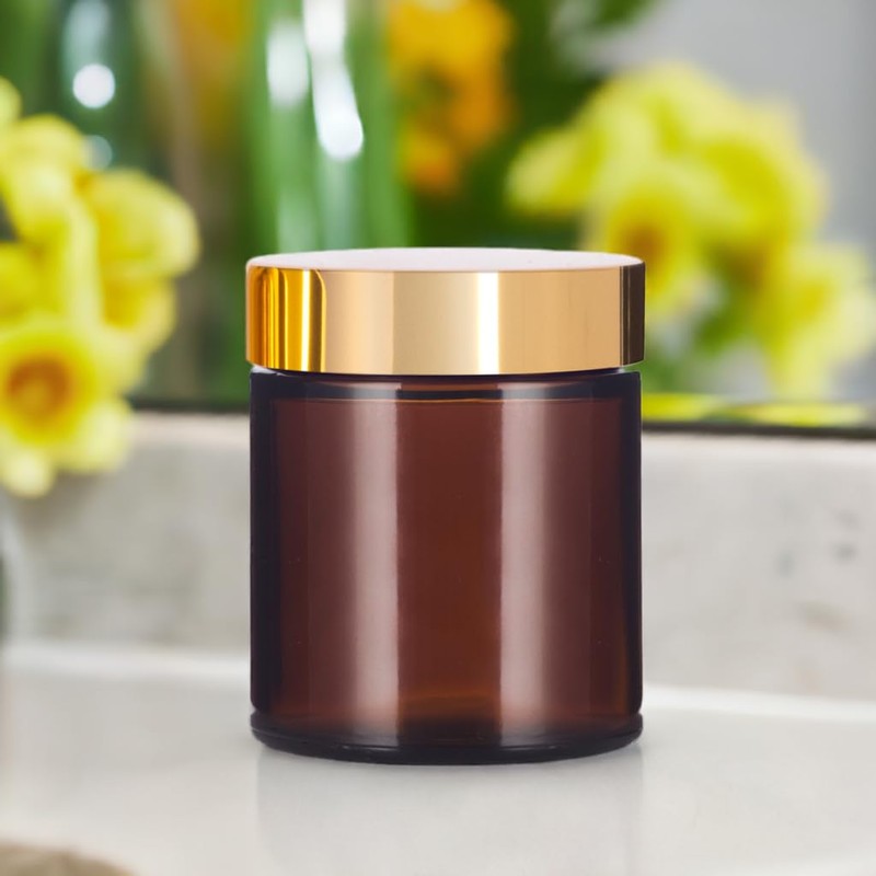 (12 Pack) 9 oz Amber Glass Jar with Gold Overshell