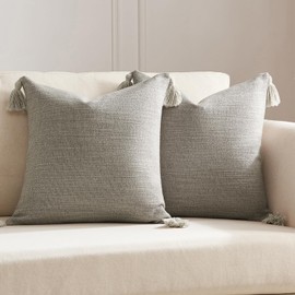 Meekio Set of 2 Light Gray Pillow Covers 16 x 16 inches Neutral Pillow Covers Textured Throw Pillow Covers with Tassels for Neutral Home Decor