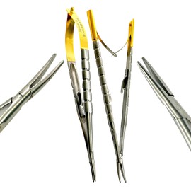 Set of 2 | 6in Castroviejo Needle Drivers with Smooth Jaws, Curved + Straight Tips | Spring-Action Handle, Gold | German Stainless Steel