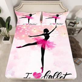 Ballerina Fitted Sheet Single Size, Cute Ballet Dancer Bed Cover with 1 Pillowcase, Performing Arts Bedding Set 2pcs for Kids Girls Teens Room Decor, Soft Polyester Bedding