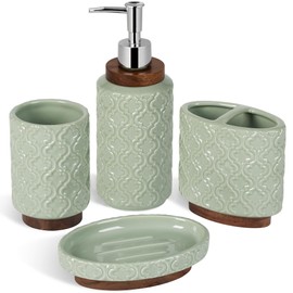RQYIXI Bathroom Accessories Set 4 Pieces Toothbrush Holder Soap Dispenser Ceramic Green Bathroom Accessory Set Contain Toothbrush Cup Soap Dish Tumbler