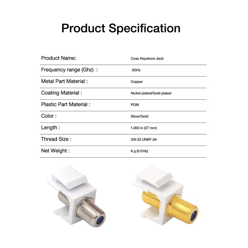 VCE Coax Keystone Jack Insert 3GHz Coaxial Cable Connector, F-Type