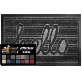 GORILLA GRIP GORILLA GRIP 100% Waterproof All-Season WeatherMax Doormat, 47x35, US Designed Natural Rubber, Stain and Fade Resistant, Low Profile Indoor Outdoor Door Mats, Easy Clean Patio Mat, Charcoal Hello
