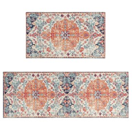 Boho Kitchen Rug Mat Country Rustic Kitchen Rugs Farmhouse Style Washable Non-Slip Kitchen Mats for Floor 2 Piece Boho Kitchen Decor (40x60/40x150cm) (Flowers red)