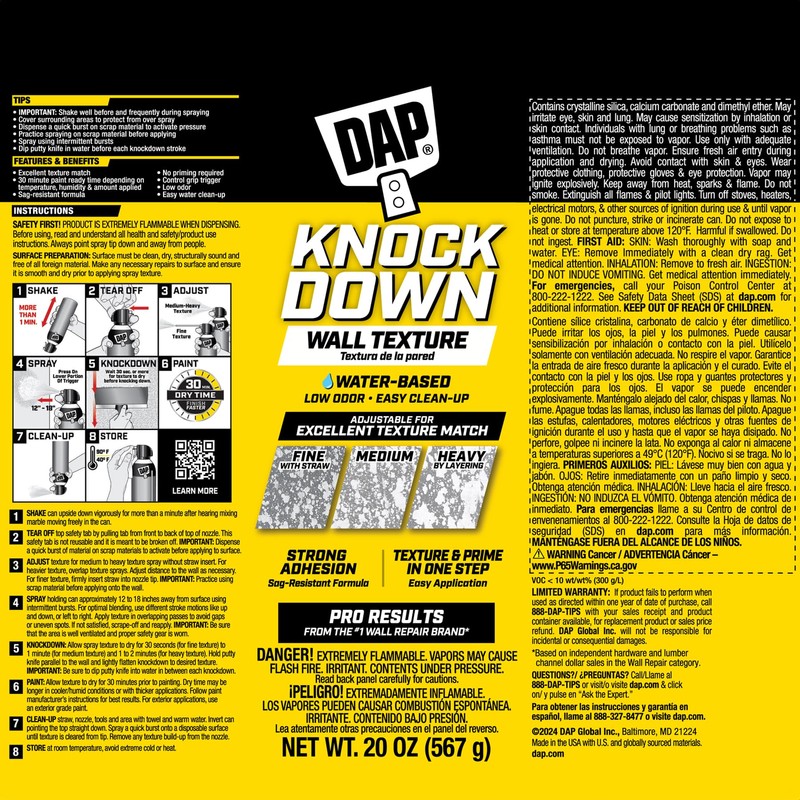 DAP 7079850020 Spray Knockdown Water Based Wall Texture Quick Repair,