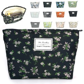 znmeny Women's Makeup Pouch, Cosmetic Pouch, Large Capacity, Cute, Stylish, Square, Storage Pouch, Portable, For Travel, White Floral Print