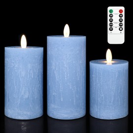 Rustic Blue Flameless Candles with Remote Control & Timer Function Real Wax Ocean Pillar LED Candles Rough Texture Design Battery Candles for Home Party Wedding Christmas Nautical Decor Set of 3
