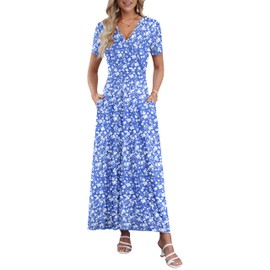AUSELILY Maxi Dresses for Women Ankle Length Floral Print Beach Long Flowy Dress with Pockets Floral Blue White 3XL