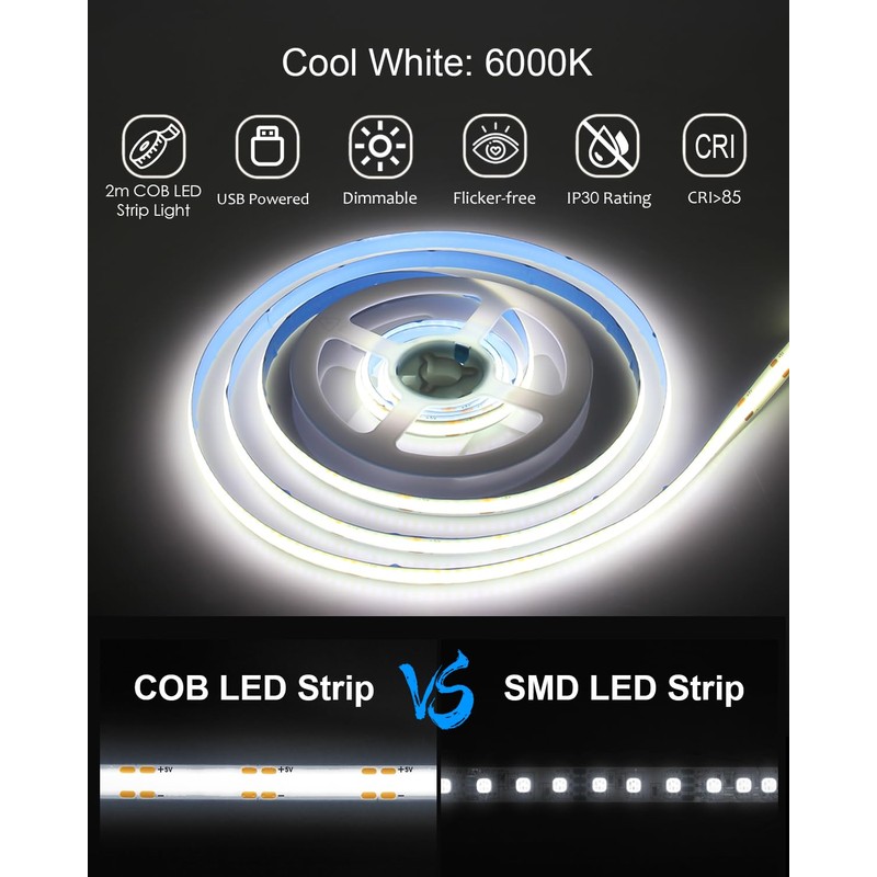 ALITOVE USB COB LED Strip 2 m Cool White 6000