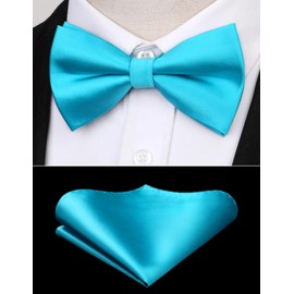 HISDERN Bow Ties for Men Solid Color Pre-Tie Bow Tie and Pocket Square Set Classic Formal Tuxedo Bowties for Wedding Party, B-teal, One Size