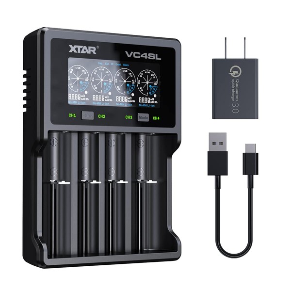 XTAR VC4SL Battery Charger,Included QC3.0 Adapter Charge Liion and Ni-MH Battery at a time 3A Fast Charger, 4 Bay Rechargeable Battery Charger 1.2V Ni-MH Package Not Included Any Battery
