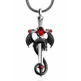 DGP Mens Sterling Silver Dragon with Sword Pendant Necklace (Red), Sterling Silver, silver