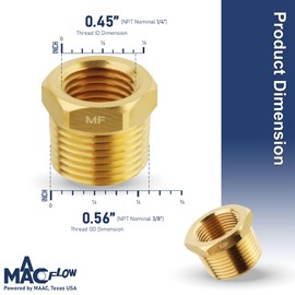 MAACFLOW MAACFLOW brass 3/8" Male NPT to 1/4" Female NPT Adapter Reducer Hex Bushing (Thread OD 0.65" - ID 0.44") (Pack of 1)