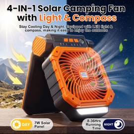 4-IN-1 Camping Fan, Portable Solar & Battery Powered Fan, Rechargeable Fan with Light & Compass, 4 Speeds, 3 Light, 3 Timer, Solar Fan for Camping Essentials, Tent, RV, Beach, Fishing, Hiking, Travel