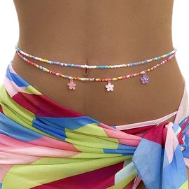 Carufin Flower Pendant Waist Chain Colourful Rice Beads Multilayer Body Chain Summer Beach Costume Accessories Women and Girls Jewellery