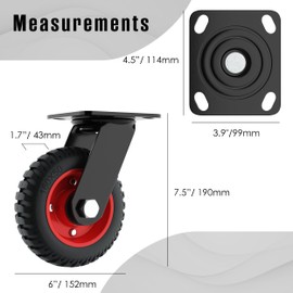 Houseables Swivel Heavy Duty Caster Wheel, Industrial Casters, 6 Inch, 1 Wheel, Red Rim, Rubber, Cast Iron, Large, Tires, Outdoor, Flat Free for Carts, Dolly, Workbench, Trolley, Black