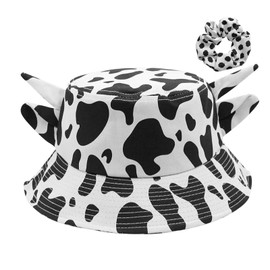 WINYU Cow Bucket Hat with Cute Horn Ears for Unisex Cotton Cow Print Bucket Hat Summer Beach Sun Hat Fisherman Hat Outdoor Cap (black/white)