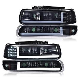 GRAND ORANGE Headlight Assembly Compatible with 1999-2002 Chevy Silverado 1500 2500/Fit for 00-06 Suburban 1500 2500 Tahoe Headlight Lights Driver & Passenger Side Smoky lens Black Housing