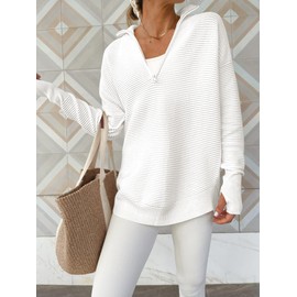 ANRABESS Womens Long Sleeve Quarter Zip Pullover Sweater Casual Loose V Neck Collared Ribbed Knit Jumper Tops Thumb Hole White Medium