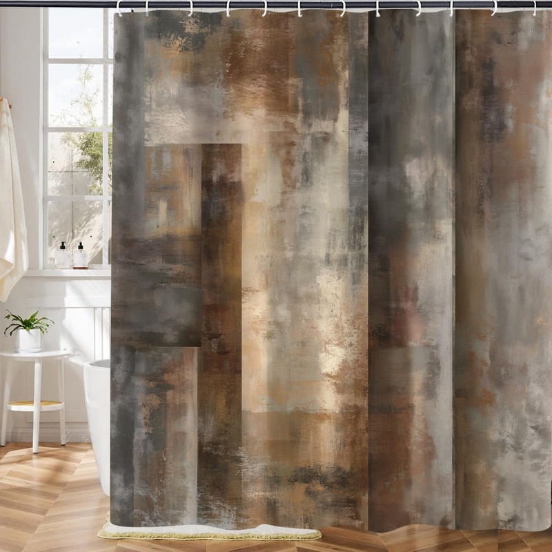 JAZEAOI Brown Grey Shower Curtain, Tan Beige Abstract Bathroom Decor