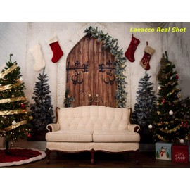 Laeacco Christmas Theme Backdrop 10x8ft Vintage Arch Wooden Door Front Xmas Trees Plain Lime Wall Photography Background Xmas Party Banner Winter Theme Wedding Child Kids Baby Portrait Shoot Wallpaper