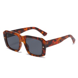 LJCZKA Retro Rectangle Sunglasses for Women Men Trendy Thick Frame Square Sunglasses 90s Vintage Oversized Rectangular Sun Glasses UV400 Protection (Leopard Grey)