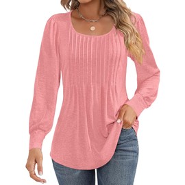 Ladies Tops Plus Size Tops for Women Fall Clothing Trendy 2024 Long Sleeve Shirts Fashion Dressy Pleated Casual Loose T-Shirts Pink