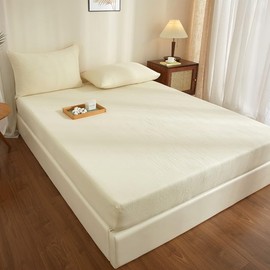 Muslin Fitted Sheet 160 x 200 cm Beige Antibacterial Soft Fitted Sheets Cooling 100% Cotton Muslin Box Spring Bed Sheet Fitted Sheet 160 x 200 cm for High Mattress up to 10-30 cm