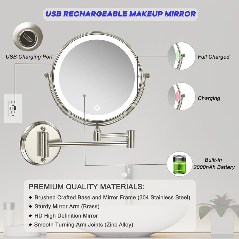 Rechargeable Wall Mounted Makeup Mirror with Lights, 8 Inch Double-Sided