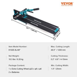 VEVOR Tile Cutter, 48 Inch Manual Tile Cutter, Tile Cutter Tools with Single Rail & Double Brackets, 3/5 in Cap with Precise Laser Guide, Snap Tile Cutter for Precision Cutting Porcelain Tiles Industr:_1000 mm