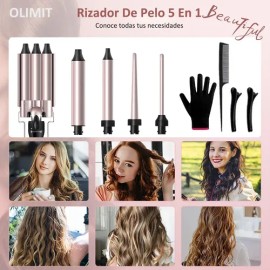 Olimit rizadora de cabello 5 en 1 cerámica rosa SM-528 con guantes, clips y peine                                                                     