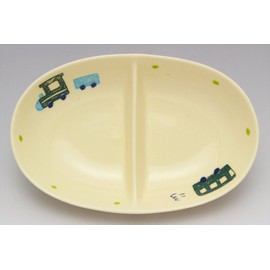 Potamoto SOUSEN Medium Plate, Dark Green, 7.1 inches (18 cm), Seto Ware, 2 Partition Plate, Vehicle (Train/Bus)