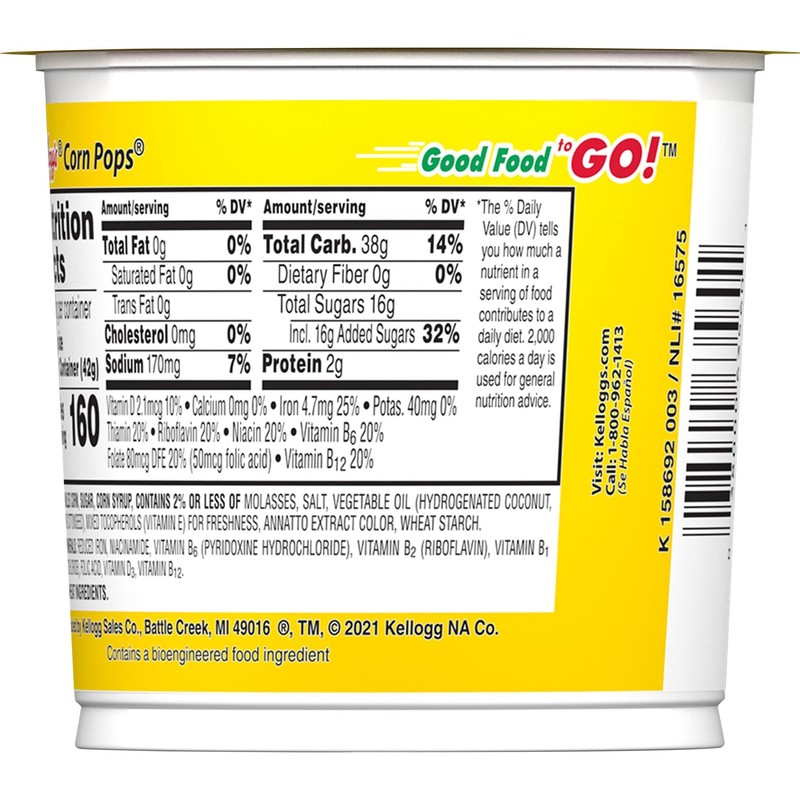 Kellogg's Corn Pops Cold Breakfast Cereal Cups, 8 Vitamins and