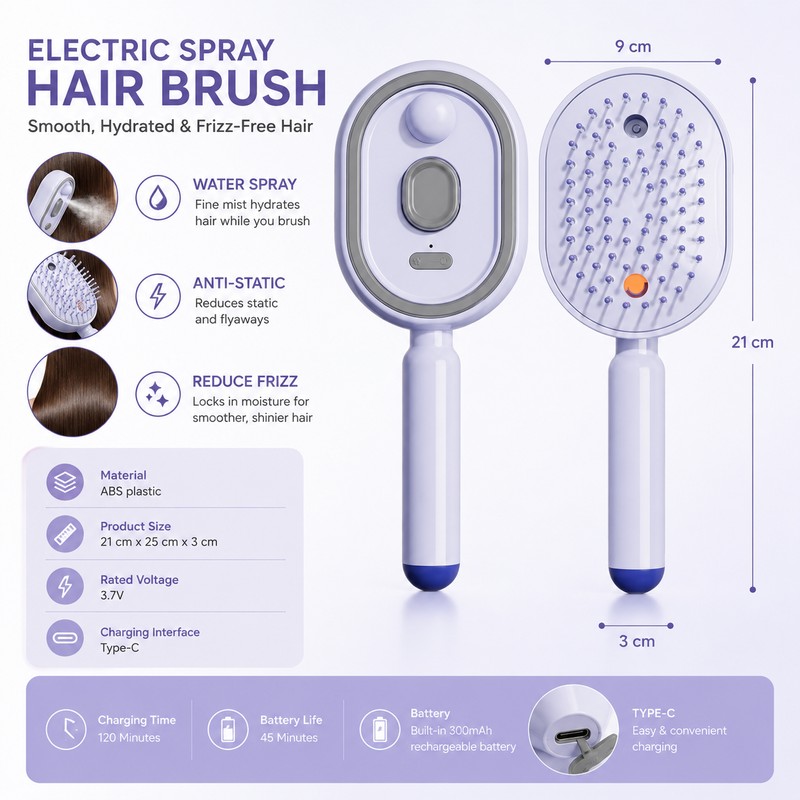 Rechargeable Water Spray Hair Brush for Women – USB-C Detangling