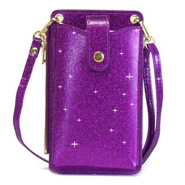 Womens Cellphone Crossbody Bag Small Light Leather Shoulder Purse Handbag Card Wallet Lanyard Case Girls Satchel Pouch Glitter-purple