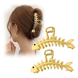 2PCS Large Metal Hair Claw Clips, Fish Bone Shape Lady Thick Hair Barrette,Non-slip Hollow Hair Jaw Clamp Clips, Gold Hair Accessories for Women Lady Girls