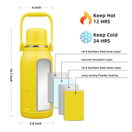 BJPKPK Insulated Thermal 40oz Disherwasher Safe Water Bottle with Handle and Lid Stainless Steel Water Bottles For Cold and Hot Beverages,Yellow