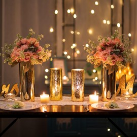 Glasseam Gold Cylinder Vases for Centerpieces: Modern Mercury Glass Vase Set of 6 Decorative Hurricane Vase for Flowers Golden Pillar Candle Holders for Table Centerpiece Wedding Dining Room Decor